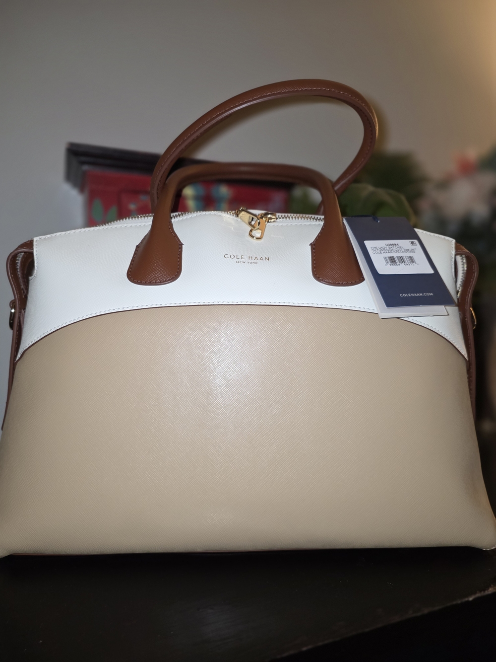 Cole Haan "The Lady Satchel" Beige, White & Brown Leather Satchel